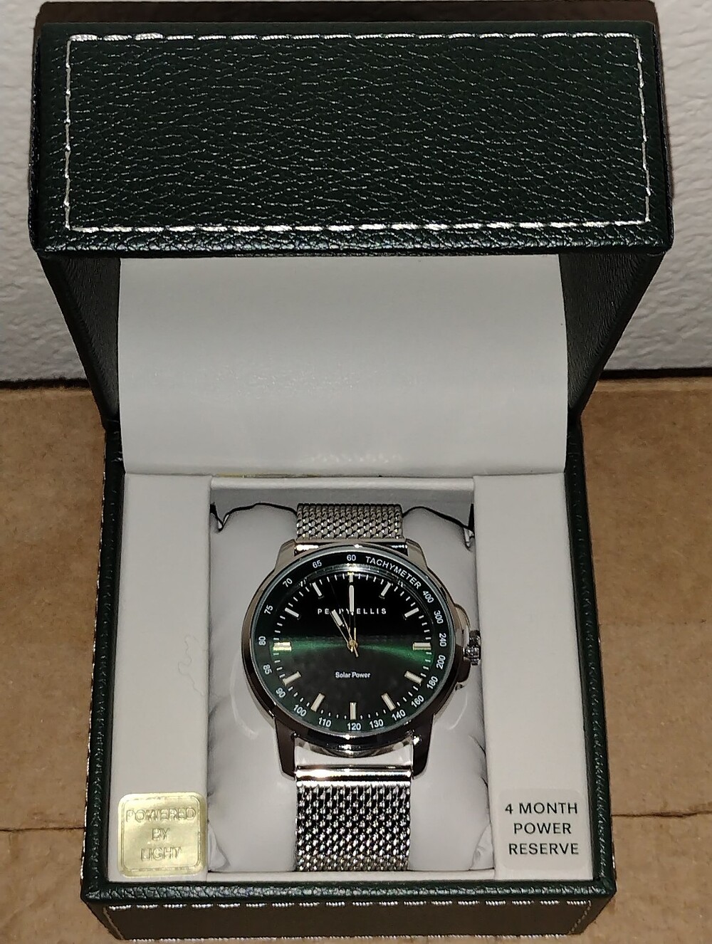 PERRY ELLIS MENS WATCH PERRY ELLIS  SILVER GREEN SOLAR POWERED MENS WATCH NEW